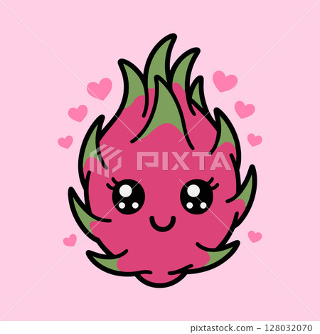 Cute Kawaii Dragon Fruit Illustration with Hearts Cute Kawaii Dragon Fruit Illustration with Hearts 128032070