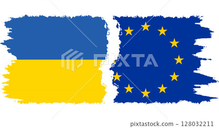EU and Ukraine grunge flags connection vector EU and Ukraine grunge flags connection vector 128032211