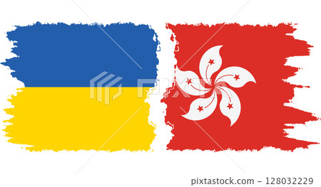 Hong Kong and Ukraine grunge flags connection vector 128032229