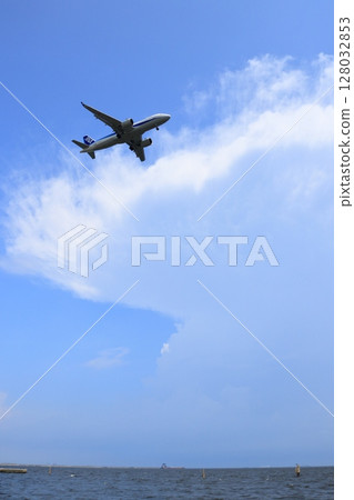 一架客機在積雨雲的背景下飛行 一架客機在積雨雲的背景下飛行 128032853