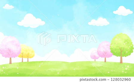 柔和色彩的春山和色彩繽紛的樹木成行的背景插圖 柔和色彩的春山和色彩繽紛的樹木成行的背景插圖 128032960
