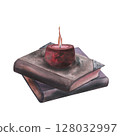 Witch's magical book with pentagram, red wax candle, mushrooms isolated on white. Watercolor hand drawn dark fantasy sketch illustration. Art design mystical halloween witch decoration greeting card 128032997