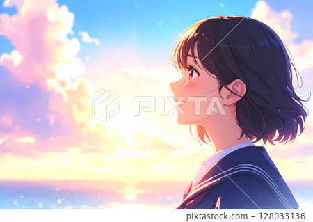一名高中女生以朝霞為背景展望未來 128033136
