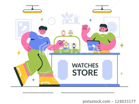 Watches Store Vector Illustration with of Stylish Wristwatch Collection, Featuring Various Analog and Digital Models in a Flat Style Background Watches Store Vector Illustration with of Stylish Wristwatch Collection, Featuring Various Analog and Digital Models in a Flat Style Background 128033177