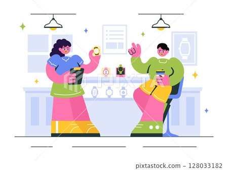 Watches Store Vector Illustration with of Stylish Wristwatch Collection, Featuring Various Analog and Digital Models in a Flat Style Background Watches Store Vector Illustration with of Stylish Wristwatch Collection, Featuring Various Analog and Digital Models in a Flat Style Background 128033182