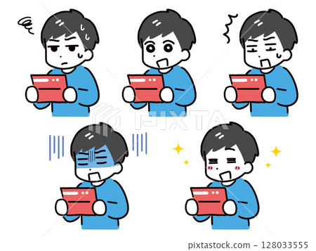 Set of facial expressions of a young man looking at his bankbook Set of facial expressions of a young man looking at his bankbook 128033555