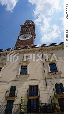 Torre dei Lamberti Tower with Clock in Verona, Italy in the Romanesque Style Torre dei Lamberti Tower with Clock in Verona, Italy in the Romanesque Style 128033655