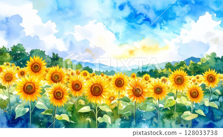 Bright yellow sunflowers bloom under a blue summer sky in a vast field, capturing the essence of nature's beauty Bright yellow sunflowers bloom under a blue summer sky in a vast field, capturing the essence of nature's beauty 128033738