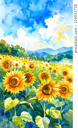 Bright yellow sunflowers bloom under a blue summer sky in a vast field, capturing the essence of nature's beauty Bright yellow sunflowers bloom under a blue summer sky in a vast field, capturing the essence of nature's beauty 128033739