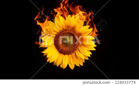 A beautiful bright yellow sunflower blossom, isolated on a stark black background, highlights the stunning beauty of nature's summer plant 128033774