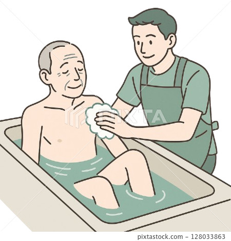 Bathing assistance Elderly person being bathed and helper Care worker 128033863