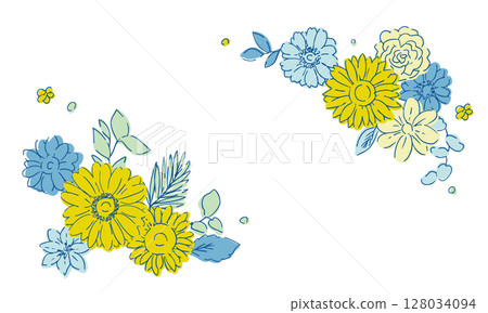 Line drawing sunflower frame material. Summer sunflower background. Summer frame of sunflowers and plants. 128034094