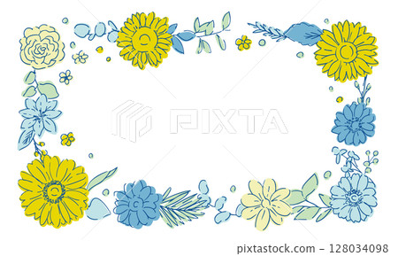 線描向日葵框架材料。夏季向日葵背景。向日葵和植物的夏季框架。 線描向日葵框架材料。夏季向日葵背景。向日葵和植物的夏季框架。 128034098
