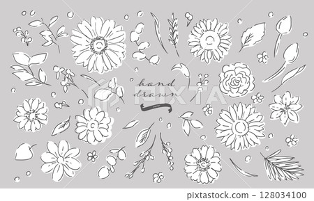 Line drawing sunflower frame material. Summer sunflower background. Summer frame of sunflowers and plants. 128034100