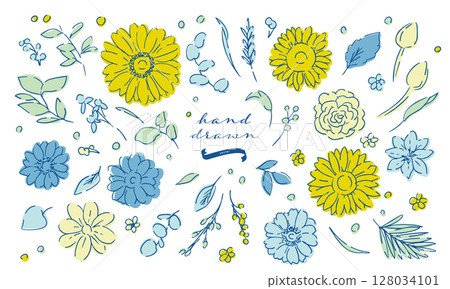 Line drawing sunflower frame material. Summer sunflower background. Summer frame of sunflowers and plants. 128034101