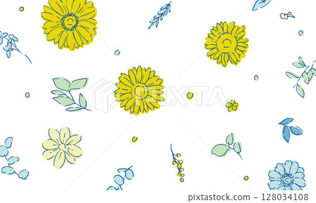 線描向日葵框架材料。夏季向日葵背景。向日葵和植物的夏季框架。 128034108