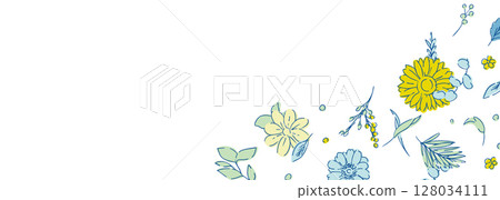 Line drawing sunflower frame material. Summer sunflower background. Summer frame of sunflowers and plants. 128034111