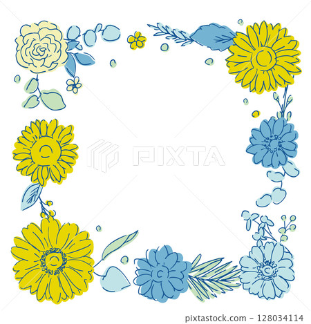 Line drawing sunflower frame material. Summer sunflower background. Summer frame of sunflowers and plants. 128034114