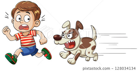 Boy Running from Angry Dog in Cartoon Style Boy Running from Angry Dog in Cartoon Style 128034134