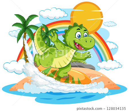 Playful Dinosaur Surfing Under a Vibrant Rainbow Playful Dinosaur Surfing Under a Vibrant Rainbow 128034135