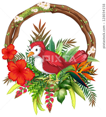 Red Bird with Tropical Floral Wreath Red Bird with Tropical Floral Wreath 128034158