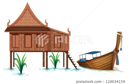 Traditional Thai House and Boat Illustration 128034159