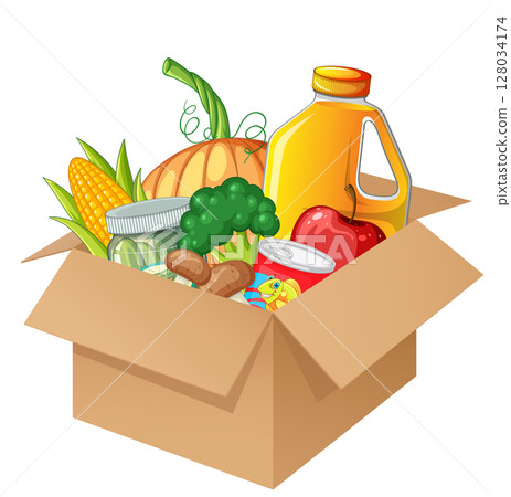 Colorful Box of Fresh Produce and Groceries 128034174