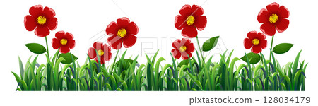 Vibrant Red Flowers in Lush Green Grass Vibrant Red Flowers in Lush Green Grass 128034179