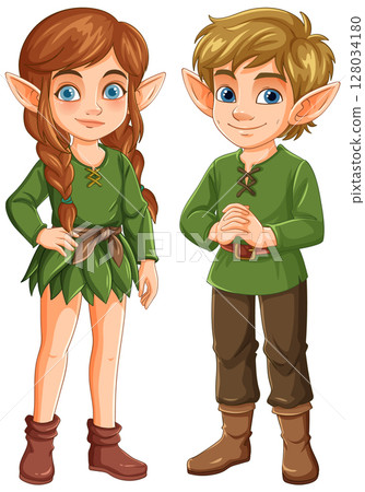 Charming Elf Duo in Green Attire Charming Elf Duo in Green Attire 128034180
