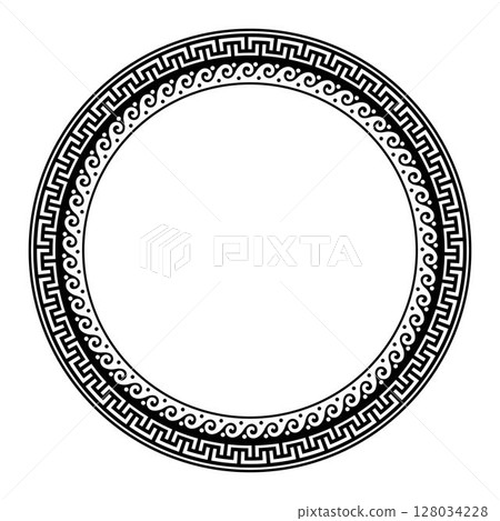 Greek key meanders. Monochrome classic Greek wave meander. Round greek frame. Circle european border. Patterns of Greece, ancient Rome. In the form of wave. Vitruvian wave. For textile, engraving 128034228