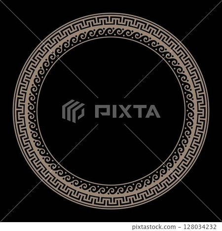 Gold classic Greek wave meander. Greek key meanders. Round greek frame. Circle european border. Patterns of Greece, ancient Rome. In the form of wave. Vitruvian wave. For textile, engraving, embroider Gold classic Greek wave meander. Greek key meanders. Round greek frame. Circle european border. Patterns of Greece, ancient Rome. In the form of wave. Vitruvian wave. For textile, engraving, embroider 128034232