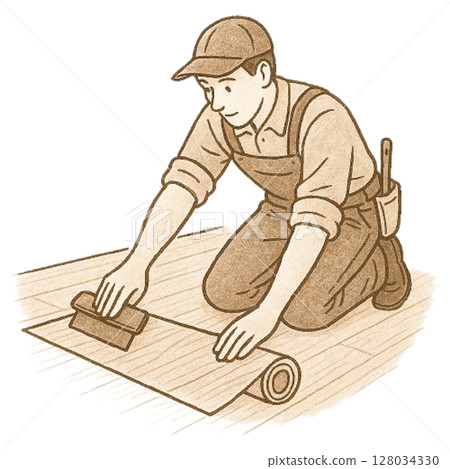 Carpenter repairing flooring Construction 128034330