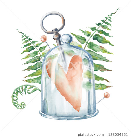 A composition with a heart under a glass case, green fern leaves, a rusty key and hand-drawn pins. Watercolor illustration for Halloween on a white background. Isolated. Witch stuff. Witchcraft 128034561