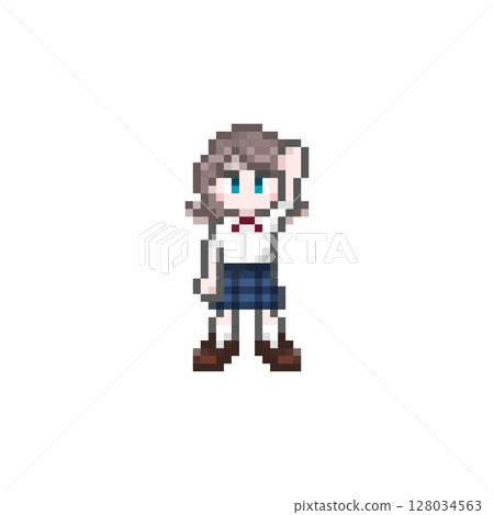 像素藝術女學生舉手:夏裝 像素藝術女學生舉手:夏裝 128034563