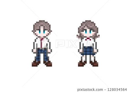 男女學生像素藝術:統一的夏裝 男女學生像素藝術:統一的夏裝 128034564