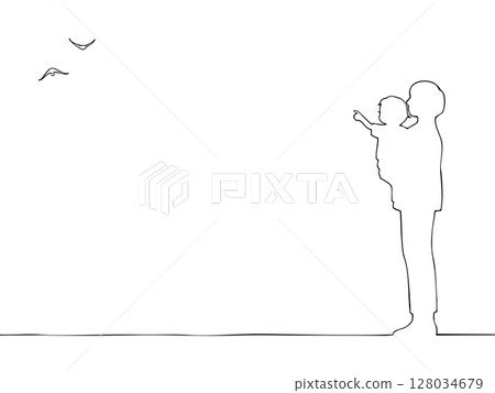 Silhouette illustration of a father and son watching birds 128034679