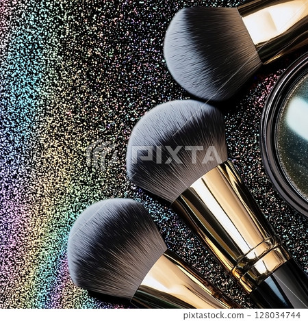 Luxurious makeup brushes with sparkling background in vibrant colors Luxurious makeup brushes with sparkling background in vibrant colors 128034744