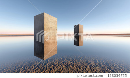 Two concrete monoliths reflecting on tranquil water at sunrise 128034755