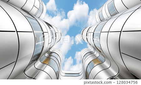 Futuristic architecture with curved metallic surfaces under blue sky and clouds 128034756