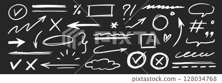 Hand drawn line brush icon set. Chalkboard underline, arrow, scribble, check mark and sketch element in chalk texture. Hand style shape, symbol, heart and star on blackboard. Vector Hand drawn line brush icon set. Chalkboard underline, arrow, scribble, check mark and sketch element in chalk texture. Hand style shape, symbol, heart and star on blackboard. Vector 128034768
