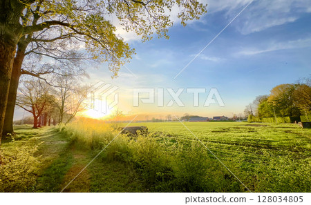 Enjoy the Serene Sunrise in a Beautiful Lush Green Landscape That Inspires Adventure and Peace Enjoy the Serene Sunrise in a Beautiful Lush Green Landscape That Inspires Adventure and Peace 128034805
