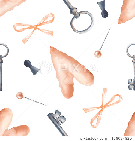 Seamless watercolor pattern with a heart, a rusty key, a keyhole, a bow and a sharp pin on a white background. The elements are hand-drawn. Isolated. Seamless background for scrapbooking, wallpaper Seamless watercolor pattern with a heart, a rusty key, a keyhole, a bow and a sharp pin on a white background. The elements are hand-drawn. Isolated. Seamless background for scrapbooking, wallpaper 128034820