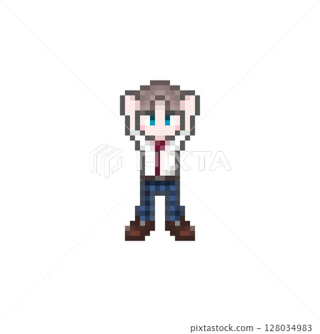 Pixel art of a cheering male student: Summer uniform 128034983