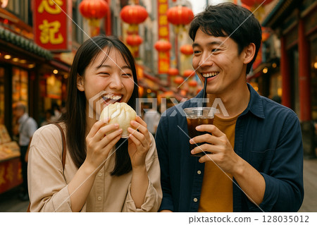 Young people on a date in Chinatown, happily eating their way through the streets 128035012