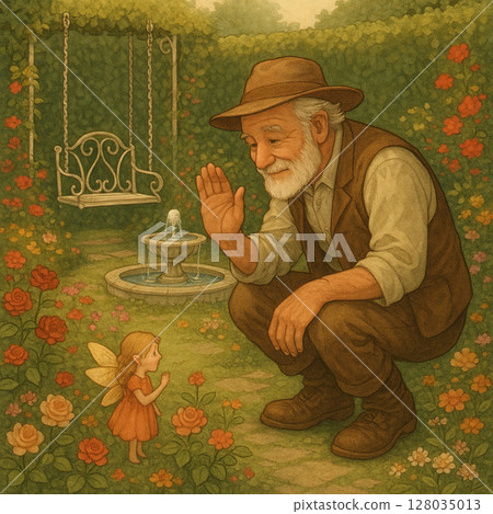 An old man and a fairy are talking in a flower garden 128035013