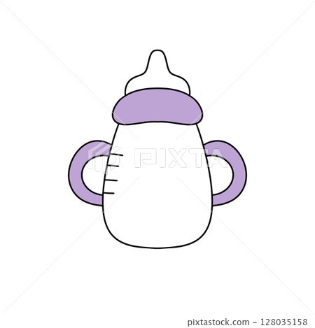 A baby bottle with a purple top 128035158