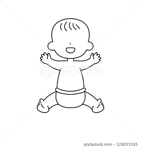 A baby is sitting on the ground with his arms outstretched 128035185