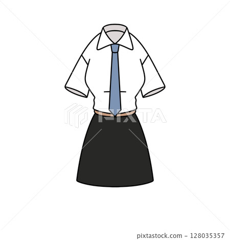 A woman is wearing a white shirt and black skirt A woman is wearing a white shirt and black skirt 128035357