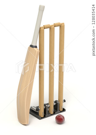 Cricket equipment set on white background - 3D illustration Cricket equipment set on white background - 3D illustration 128035414