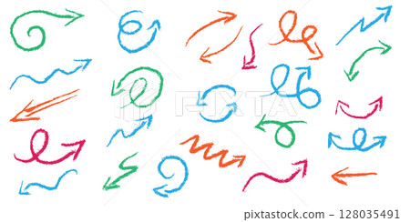 Set of vector arrows with crayon pencil and marker textures. Hand drawn doodle style arrow icons with sketchy curves and directions. Up down left and right line elements on white background. Set of vector arrows with crayon pencil and marker textures. Hand drawn doodle style arrow icons with sketchy curves and directions. Up down left and right line elements on white background. 128035491